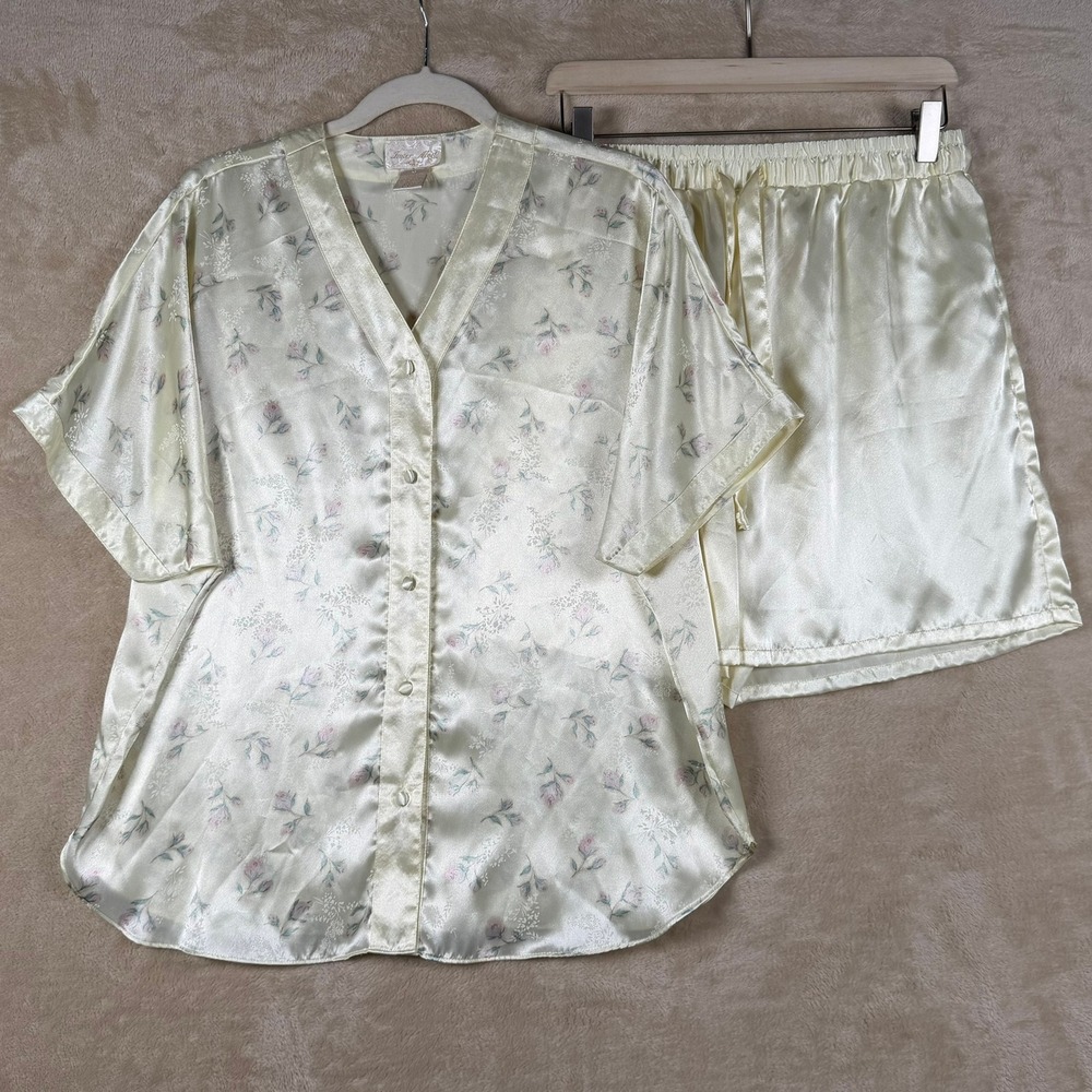 Vintage Inner Most Pj Set Women's M Yellow Floral Short Sleeve Shorts Sleepwear